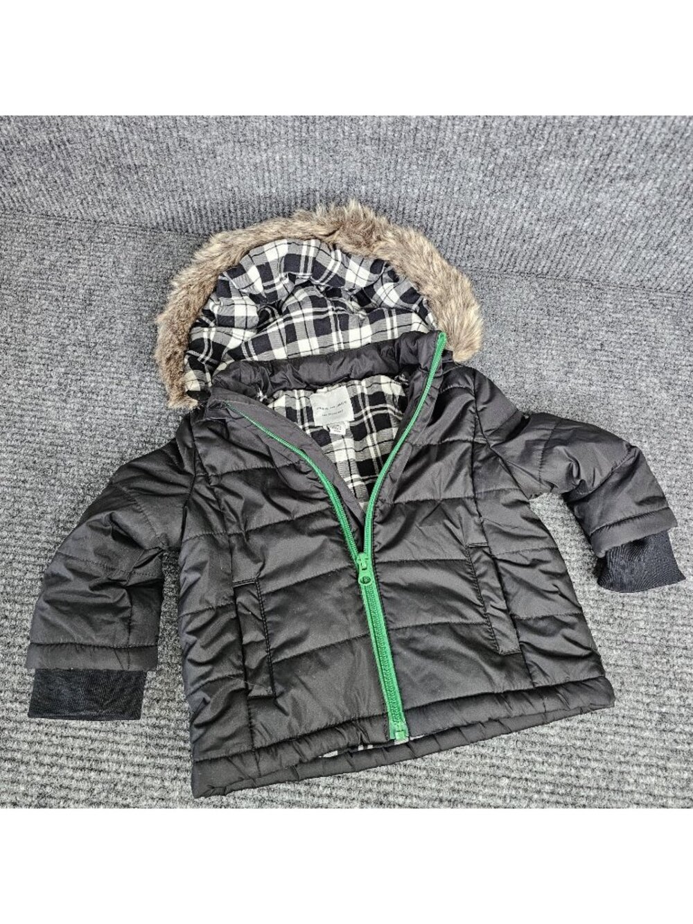 Janie And Jack Boys Black Puffer Parka Jacket Faux Fur Removable Hood 12-18 mths